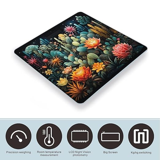 Colorful Cactus Pattern Digital Bathroom Scale for Body Weight Weighing Scale with Backlit LCD Display High Precision Measurements &amp Measures Weight Up to 180kg