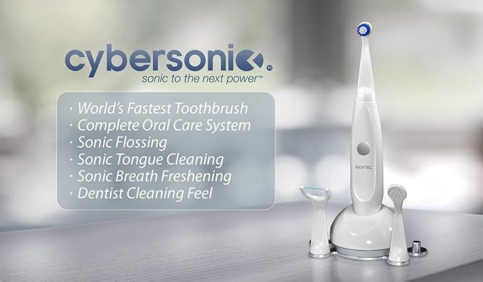 Cybersonic3 Electric Toothbrush Rechargable Power Toothbrush with Complete Dental Care Kit Including Tongue Scraper and Floss Heads + 6 Replacement Brush Heads