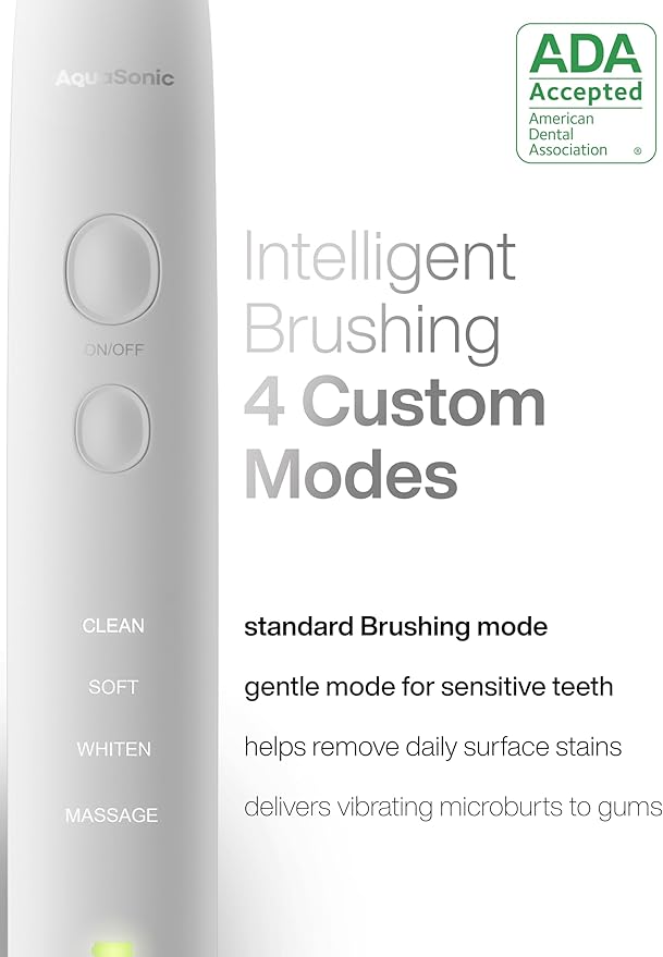 Aquasonic Vibe Series Ultra-Whitening Toothbrush – ADA Accepted Electric Toothbrush - 8 Brush Heads &amp Travel Case – 40000 VPM Motor &amp Wireless Charging - 4 Modes w Smart Timer – Optic White