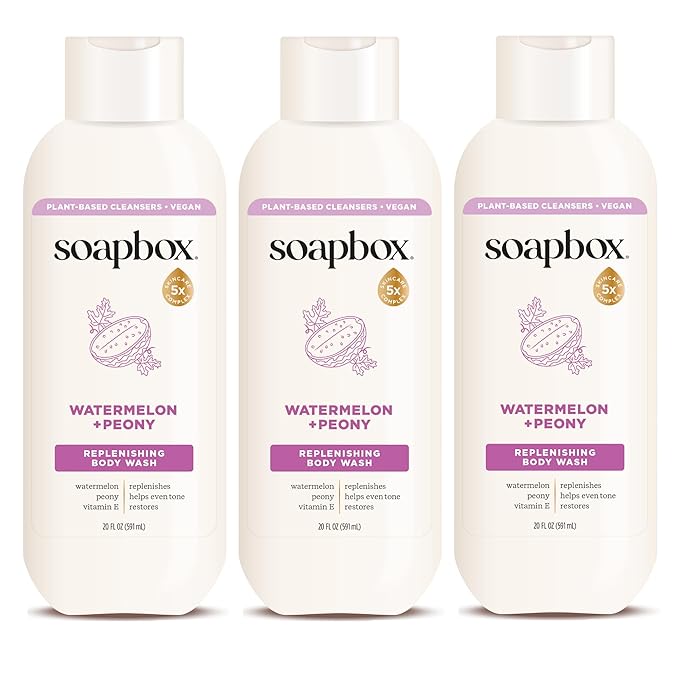 Soapbox Body Wash Watermelon + Peony Body Wash for Women Men Vegan &amp Antioxidant Rich Exfoliating Moisturizing Soap with Shea Butter Peptides &amp Keratin Promoting B3 3 Pack 20oz Each
