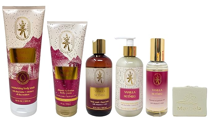Bath &amp Body Works Aromatherapy Vanilla Nutmeg - Moisturizing Body Wash - Body Cream - Body Wash + Foam Bath - Body Lotion - Essential Oil Perfume Mist with a Natural Oats Soap