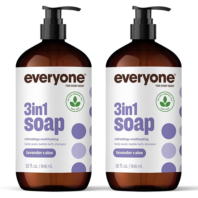 Everyone 3-in-1 Soap Body Wash Bubble Bath Shampoo 32 Ounce (Pack of 2) Lavender and Aloe made with Essential Oils for Men and Women