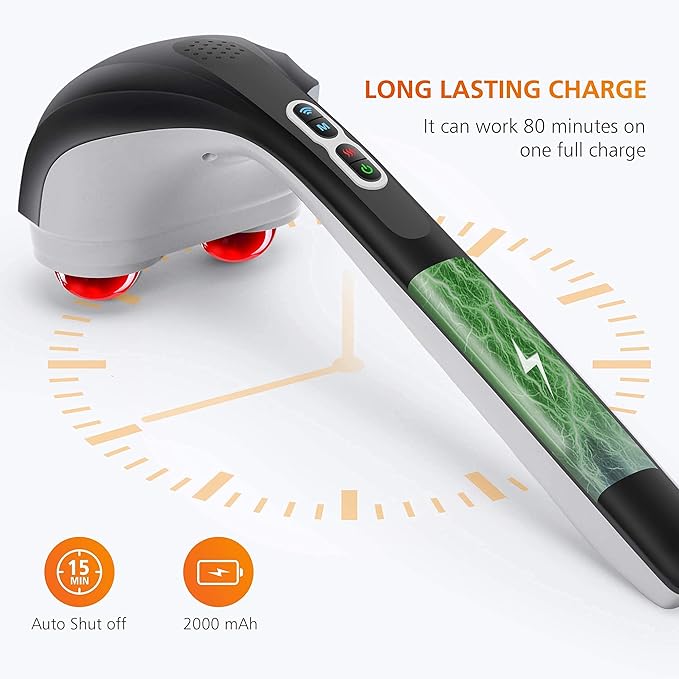 Snailax Cordless Handheld Back Massager with Heat Deep Tissue Percussion Massager 3 Sets of Dual Pivoting HeadsRechargeable Hand Held Massager for NeckBack ShoulderCalfLegs