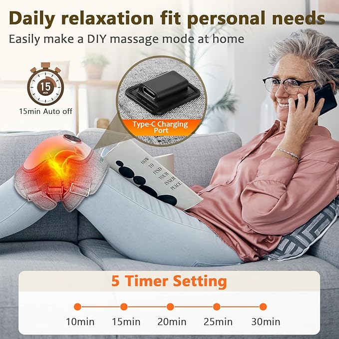 Electric Knee Massager with Heat 3 Heating and Vibration and Kneading Modes Deep Relaxation Relief Fatigue 5000mAh Battery Portable Cordless Adjustable Straps Gift for Men Women Gray 1 Pack