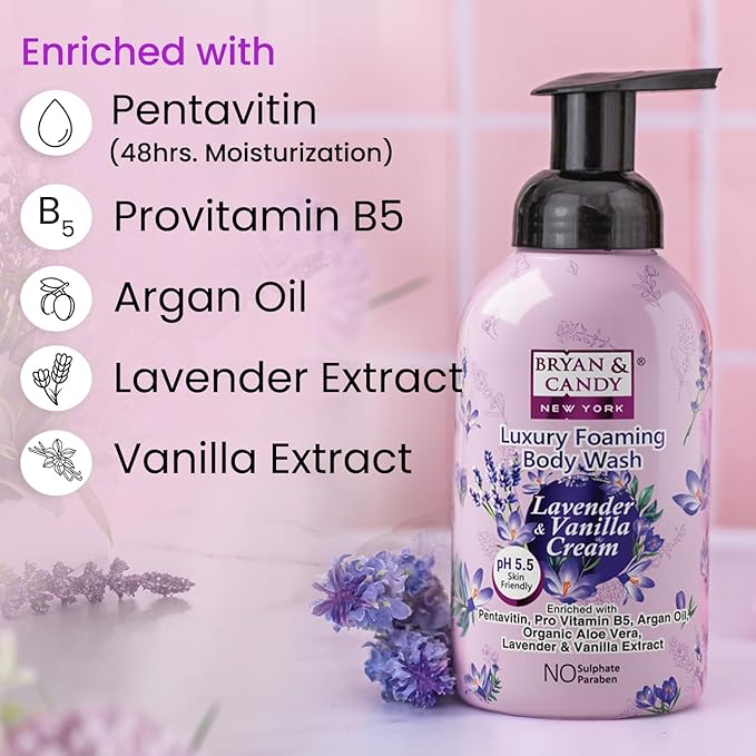 Luxury Foaming Body Wash with PentavitinPro Vit B5Argan OilAloe Vera Skin Friendly pH 5.5 All Skin Types 400 Ml (Lavender &amp Vanilla)