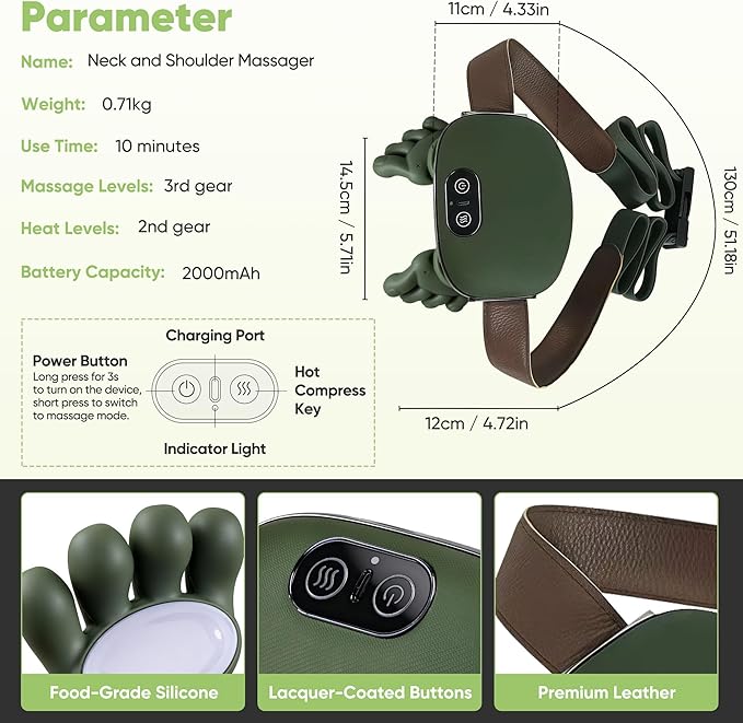 Neck Massager with Heat - Neck and Back Shiatsu Massager for Relieve Fatigue Deep Tissue Portable Neck and Shoulder Massager for Home and Travel Green