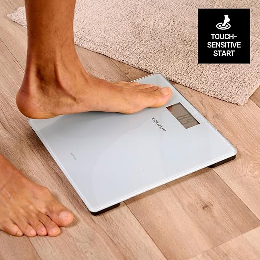 Taurus Inception Digital Bathroom Scale Slim Design 28 x 28 cm Tempered Glass Ultra Strong Glass kg/lb Easy to Read Display Max 180 kg/min 3 kg Non-Slip Feet Blue
