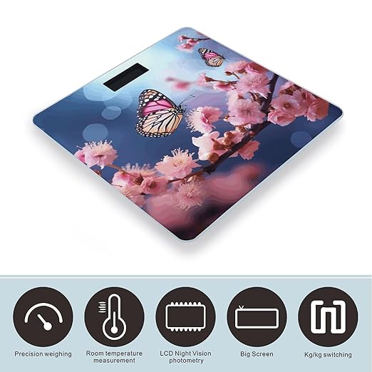 Pink Flowers Butterflies Digital Bathroom Scale for Body Weight with High Precision Digital Weighing Scale with BMI Clear LCD Display and Step-On Measures Weight Up to 180kg