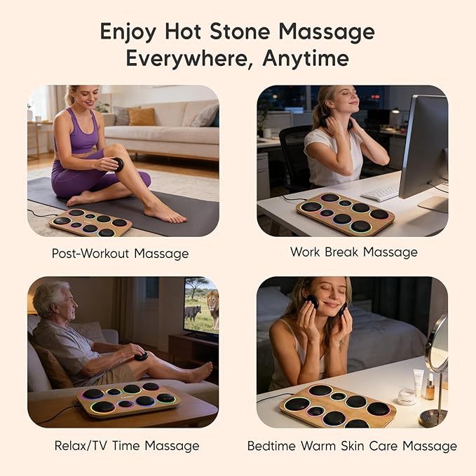 8PCS Hot Stone Massage Set with Warmer –Basalt Stones Massager for Deep Tissue Pain Relief &amp Muscle Relaxation Home Spa Kit with Soothing Ambient Light – Valentine's Day &amp Birthday Gift