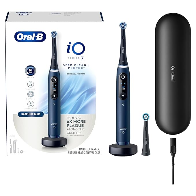Oral-B iO Deep Clean + Protect Rechargeable Electric Toothbrush Saphire Blue iO Series 7 2 Replacement Brush Heads Charging Travel Case