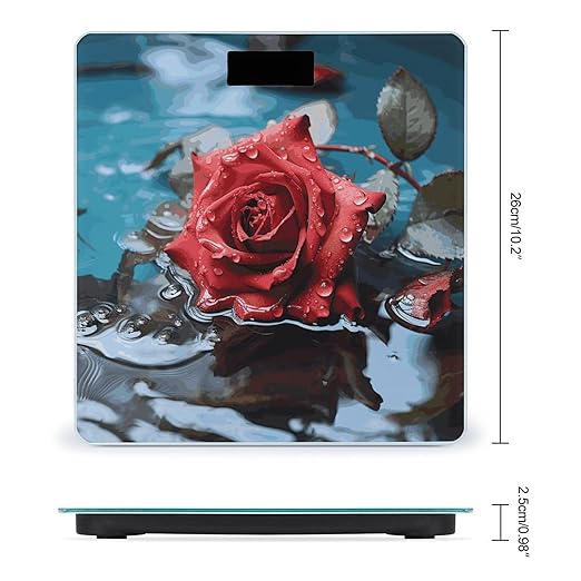 Red Rose in Water Scale for Body Weight Anti-Slip Digital Bathroom Scale Sturdy Toughened Glass Weighing Scales High Precision Safe Rounded Corners Smart Scales