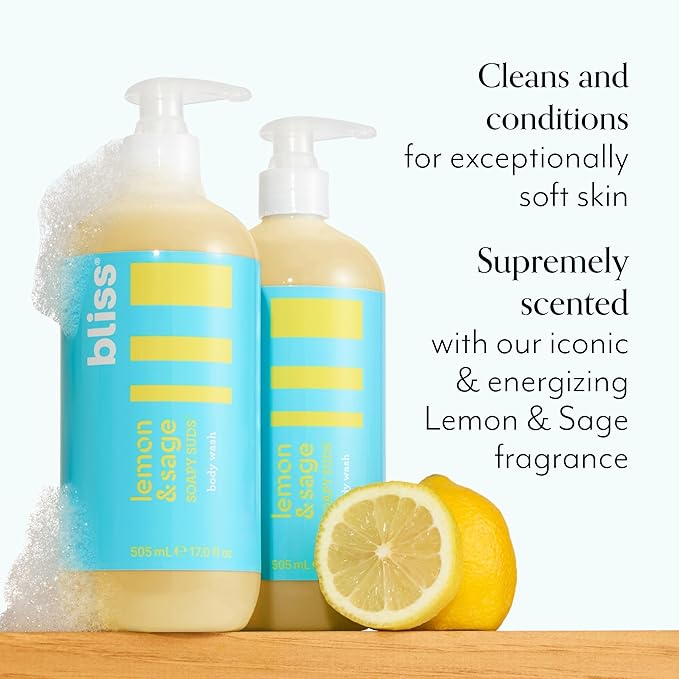 Bliss Soapy Suds Body Wash - Lemon and Sage - 17 Fl Oz - Gentle and Hydrating for Supremely Soft Skin - Paraben Free - Vegan &amp Cruelty Free (Pack of 2)