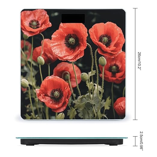 Red Poppy Flowers Leaves Bathroom Scale Rounded Smart Scale for Body Weight Automatic Power On/Off Weight Scales Accurate Bathroom Digital Scales for Pet Home Bedroom Kitchen