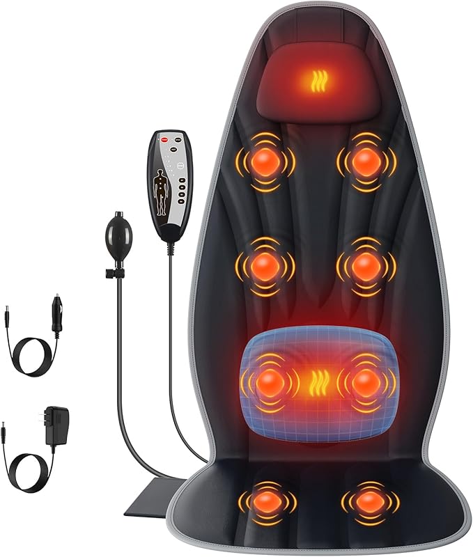 SLOTHMORE Back Massager with Heat Seat Massager for Full Back with 8 Vibrating Motors and 2 Heat Levels Massage Chair Pad with Lumbar Support Suitable for Office/Home/Gift