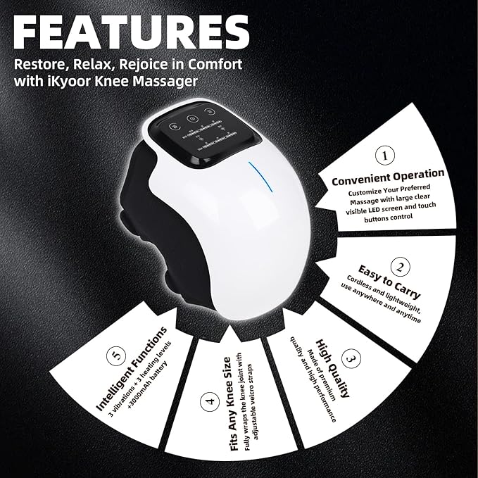 Wireless Knee Massager with Heating Comfort Vibration Red Light Adjustable Straps Cordless Design with Heating Pads for Eye Relaxations Muscles and Knee Massage Device