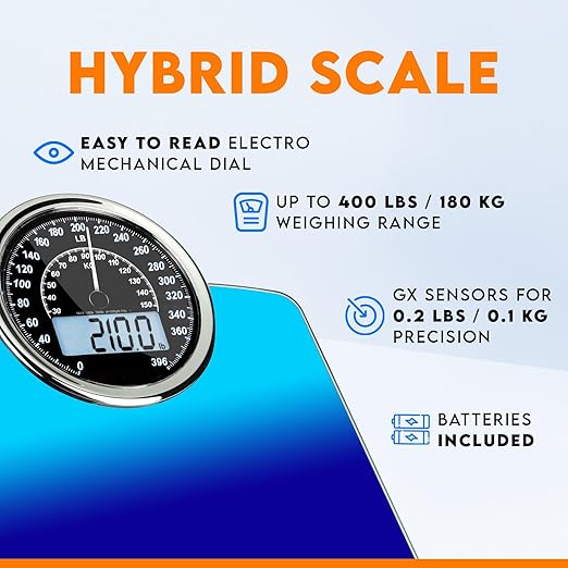 ZENO Hybrid 2-in-1 Analog &amp Digital Weighing Scale for Body Weight up to 400lbs - Thick Tempered Glass - Extra Large Display - Easy to Read Digital Bathroom Scale - New - Gradient Blue