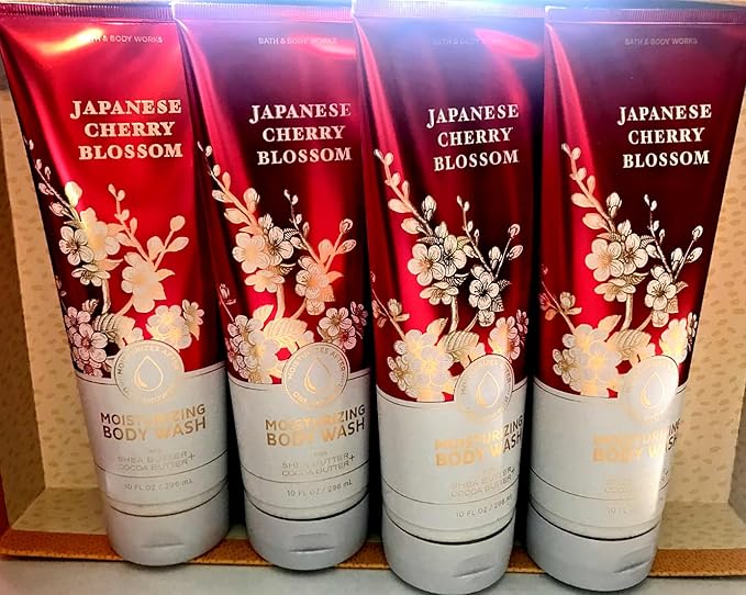 4 JAPANESE CHERRY BLOSSOM Moisturizing body washes 4 large tubes Wash with Shea Butter and Cocoa Butter 10 FL Oz