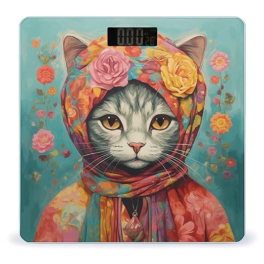 Hand Drawn Cat Scale for Body Weight Precision Bathroom Weighing Scales with Back Lit LCD Display Sturdy Tempered Glass Body Weight Scales Digital Bathroom Scale 400lb