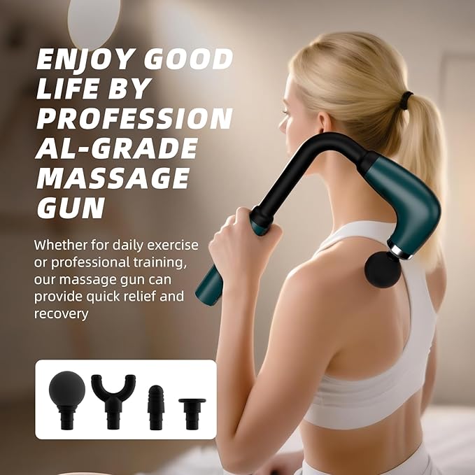Massage Gun with Upgraded Extension HandleBack Massage Gun Deep TissueBack Massager for Pain Relief for Muscles Neck Shoulders Waist Arm Legs Foot4 Replaceable Heads &amp 9 Speeds (Green)