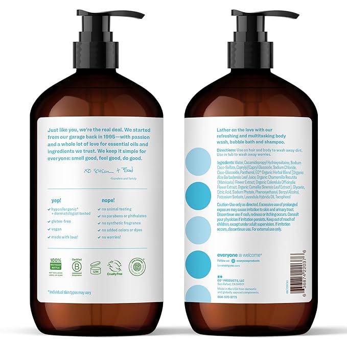 Everyone 3-in-1 Soap Body Wash Bubble Bath Shampoo 32 Ounce (Pack of 2) Unscented made for Men and Women