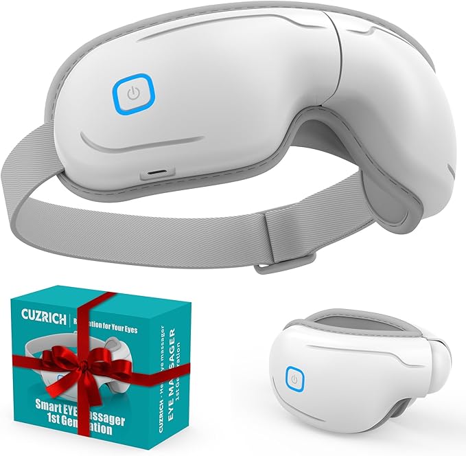 Eye Massager with Heat and Compression - Classic White Heated Eye Mask with Vibration Bluetooth Music 6 Modes Rechargeable 1200mAh Battery for Eye Strain Dry Eyes Migraines Relief