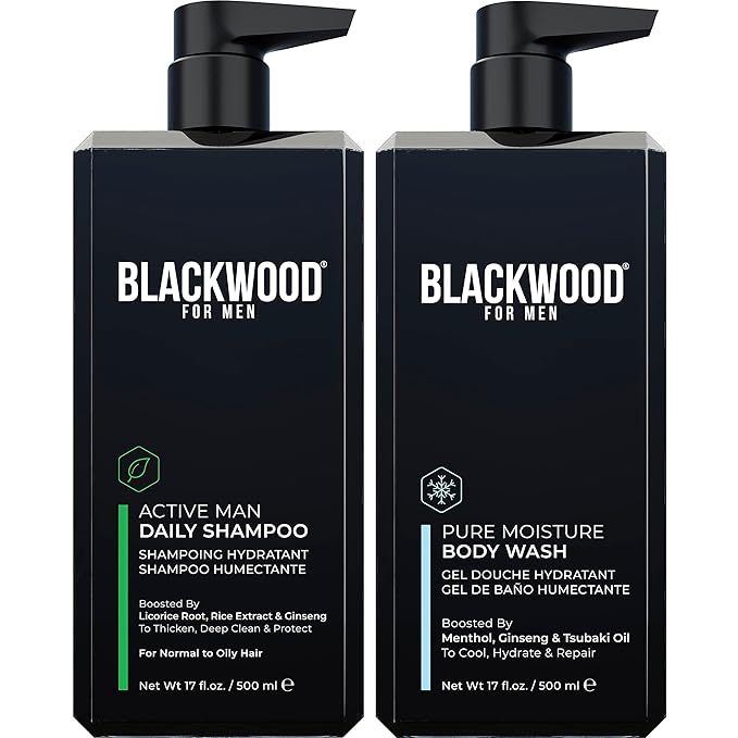 Blackwood For Men Active Man Daily Shampoo and Pure Moisture Body Wash - Sulfate Free Paraben Free &amp Cruelty Free (17 Oz)
