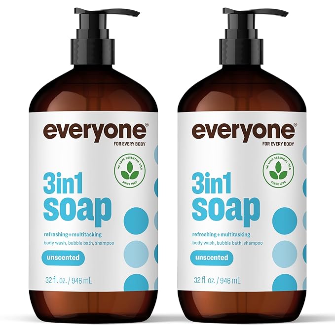 Everyone 3-in-1 Soap Body Wash Bubble Bath Shampoo 32 Ounce (Pack of 2) Unscented made for Men and Women