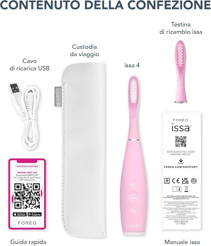 FOREO ISSA 4 Electric Toothbrush – 4-in-1 Rechargeable with Extra Brush Head Soft Bristles Long-Lasting Use Gentle Cleaning - Pearl Pink