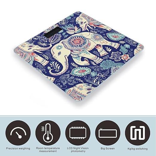 Boho Elephant Scale for Body Weight Safe Rounded Corners Tempered Glass Digital Bathroom Scale LED Display 400lb Capacity Weight Scales with High Precision Sensors
