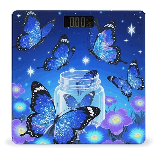 Blue Glitter Butterfly Weight Scale Large Digital Bathroom Scales with Bright LED Display Non Slip Digital Scale and Step On Fashion Weighing Machine for Body
