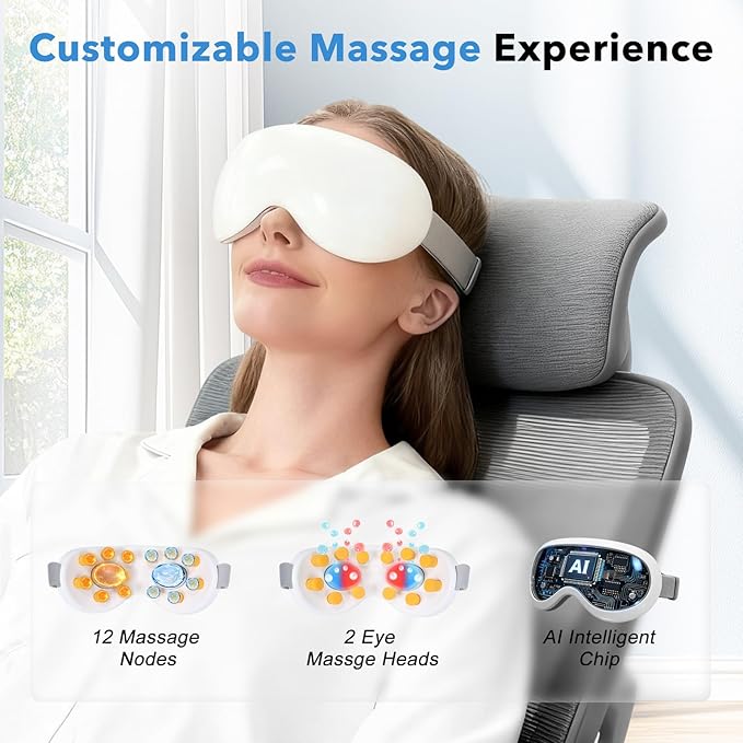 Eye Massager with Heat and Cooling for Migraines – 14 Massage Nodes for Eye Strain Relief Rechargeable Bluetooth Music Improve SleepEye Strain Relief Birthday Gifts for Women and Men(White)