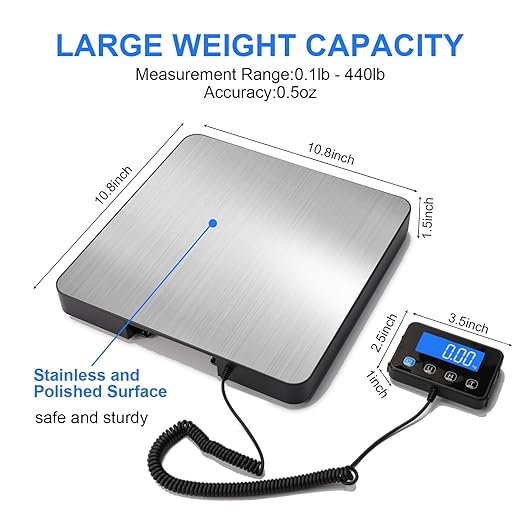 Digital Shipping Scale 5g High Accuracy 440 lb Postal Scale with Hold and Tare Functions for Parcels/Luggage/Home Manual/Auto Shutoff Extended LCD Display Batteries and AC Adapter Included