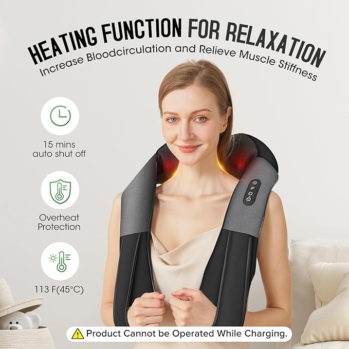 Cordless Shiatsu Neck and Shoulder Massager Back Massager with HeatMassage Deeper Tissue 4D Kneading Massage for Shoulder Neck and Back Use at Home Office Car - Gifts for Fathers Day Dad Gift