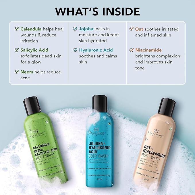 Body Wash Set of 3 – Jojoba Oat &amp Neem | Soothing &amp Exfoliating Shower Gel with Niacinamide &amp Salicylic Acid | Deep Cleansing &amp Hydrating | For All Skin Types | 118ml Each
