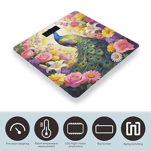 Colorful Peacock with Floral Background Weight ScaleClear LED Display Bathroom Digital Weighing ScaleTempered Glass Digital Bathroom Scale for Body Weight Capacity Up to 400 Lbs