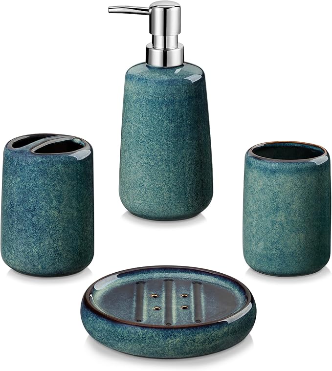 vancasso Green Bathroom Accessories Set Ceramic Soap Dispenser and Toothbrush Holder Sets Stoneware 4 Pcs Bathroom Sink Set for Modern Home Decor Series Starry