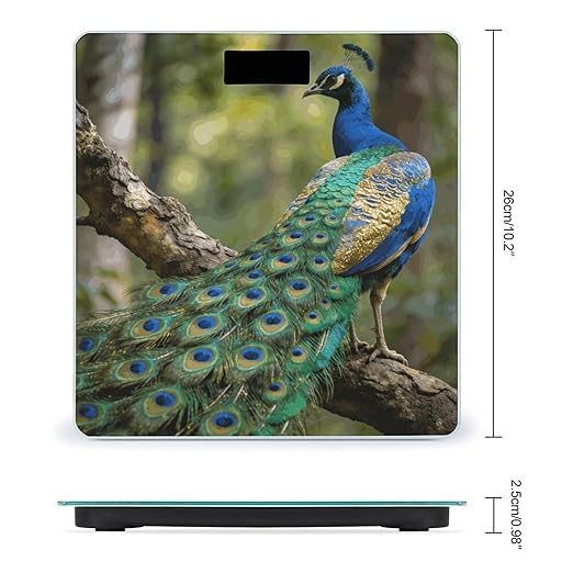 Colorful Peacock on A Tree Branch Weight ScaleClear LED Display Bathroom Digital Weighing ScaleTempered Glass Digital Bathroom Scale for Body Weight Capacity Up to 400 Lbs