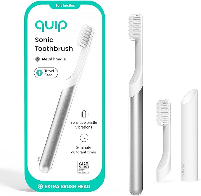 Quip Metal Sonic Electric Toothbrush for Adults - Time Travel &amp Soft Bristles with Travel Case &amp Replacement Brush Head - 3 Month Battery Life Silver
