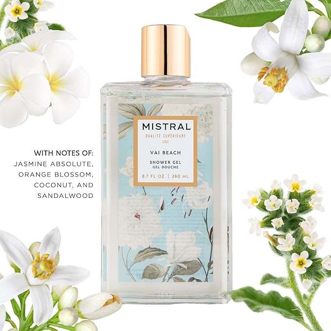 Mistral Vai Beach Luxury Shower Gel - Body Wash for Women – Moisturizing Clean Body Wash with Aloe Vera Chamomile &amp Sweet Almond Oil | Paraben-Free Hydrating | Scented Shower Gel - 8.7 fl oz
