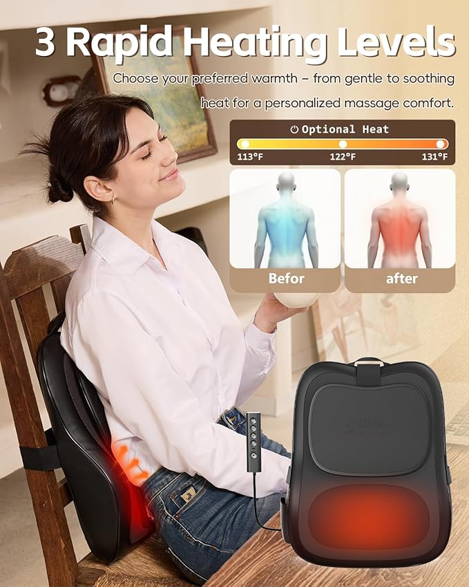 Up &amp Down Shiatsu Back Massage with Heat –External Adjustable Cushion Pad 3D Kneading Massage Pillow for Lower Back Neck Shoulder Leg Pain Relief Deep Tissue for Office Chair &amp Home (Blac