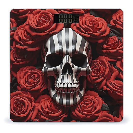 Skull in Flower Scale for Body Weight Anti-Slip Tempered Glass Digital Bathroom Scales Clear LCD Display Weighing Scale Safe Rounded Corners Smart Scales