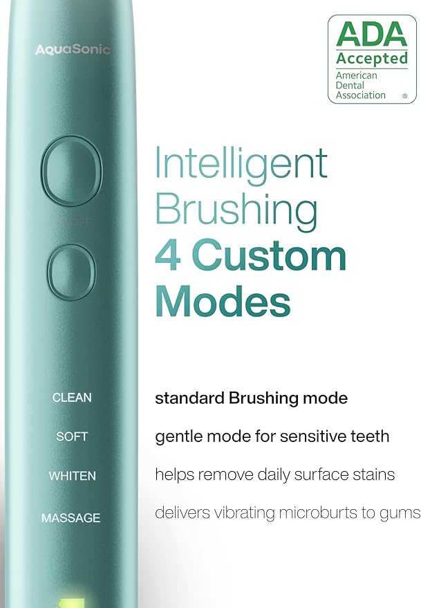 Aquasonic Vibe Series Ultra-Whitening Toothbrush – ADA Accepted Power Toothbrush - 8 Brush Heads &amp Travel Case – 40000 VPM Motor &amp Wireless Charging - 4 Modes w Smart Timer – Mint Green Metal