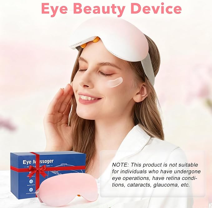 Eye Massager with Heat and Cooling for Migraines – 14 Massage Nodes for Eye Strain Relief Rechargeable Bluetooth Music Improve SleepEye Strain Relief Birthday Gifts for Women and Men(Pink)
