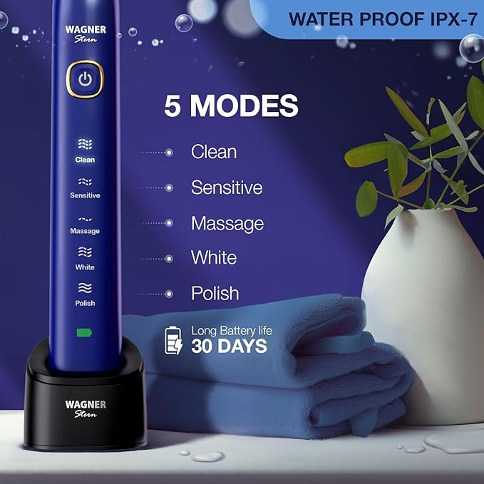 Wagner Stern The Sapphire Blue Edition ultrasonic whitening Electric Toothbrush Features Five Brushing Modes Eight Soft Brush Heads and a Premium Travel case.