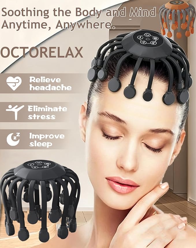 Head Massager Official Anti-Stress Massager for Migraines with 5 Modes &amp 3 Levels Adjustable 360° Cordless Touch Scalp Massager for Stress Relax &amp Sleep Aid (Black 10Heads)