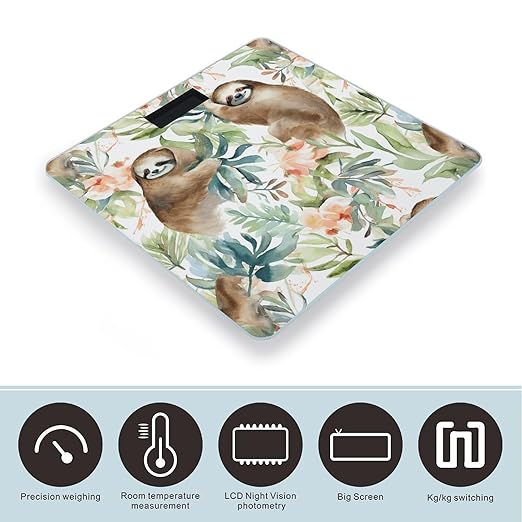 Watercolor Sloth Scale for Body Weight Highly Accurate Digital Bathroom Scale Sturdy Tempered Glass Weighing Scales with LCD Display Fashion Body Fat Smart Scales 400lb