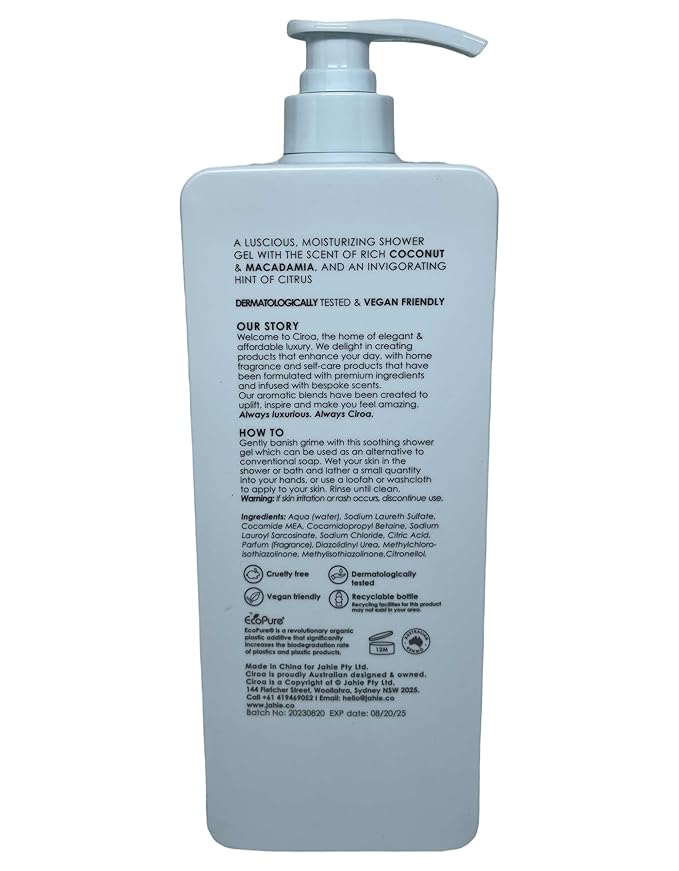 Coconut And Macademia Oil Shower Gel Nourish And Hydrate 33.8 fl oz / 1000 ml Ciroa Body