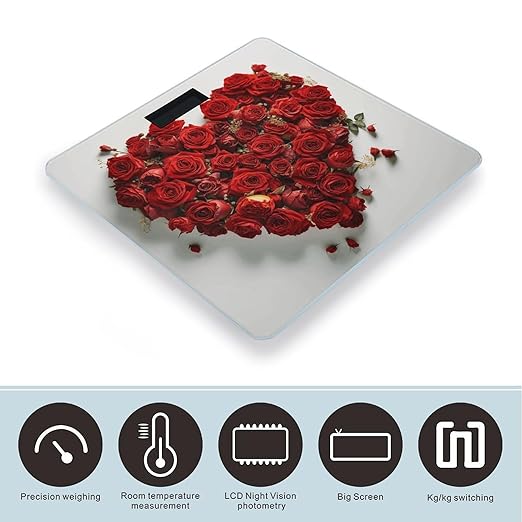 Heart Shape Made of Roses Scale for Body Weight Anti-Slip Tempered Glass Digital Bathroom Scales Clear LCD Display Weighing Scale Safe Rounded Corners Smart Scales