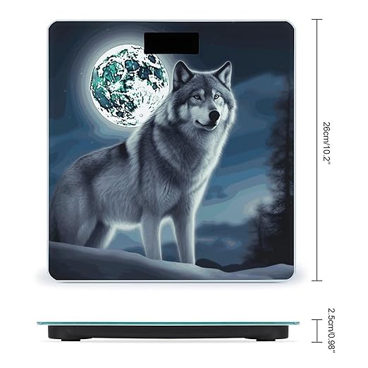 Wolf Under Moon Bathroom Scale for Body Weight Bathroom Digital Electronic Weighing Scale with Back Lit LED Display Sturdy Tempered Glass Weight Watchers Scales 400lb