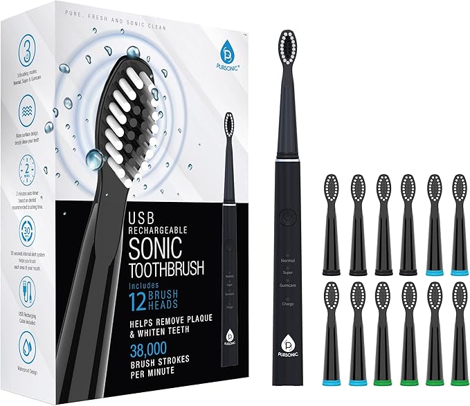 Pursonic Whitening USB Rechargeable Sonic Toothbrush-12 Brush Heads!- 38000 Brush Strokes Per Minute-3 Brushing Modes with 2 Minute Auto Timer (Black)